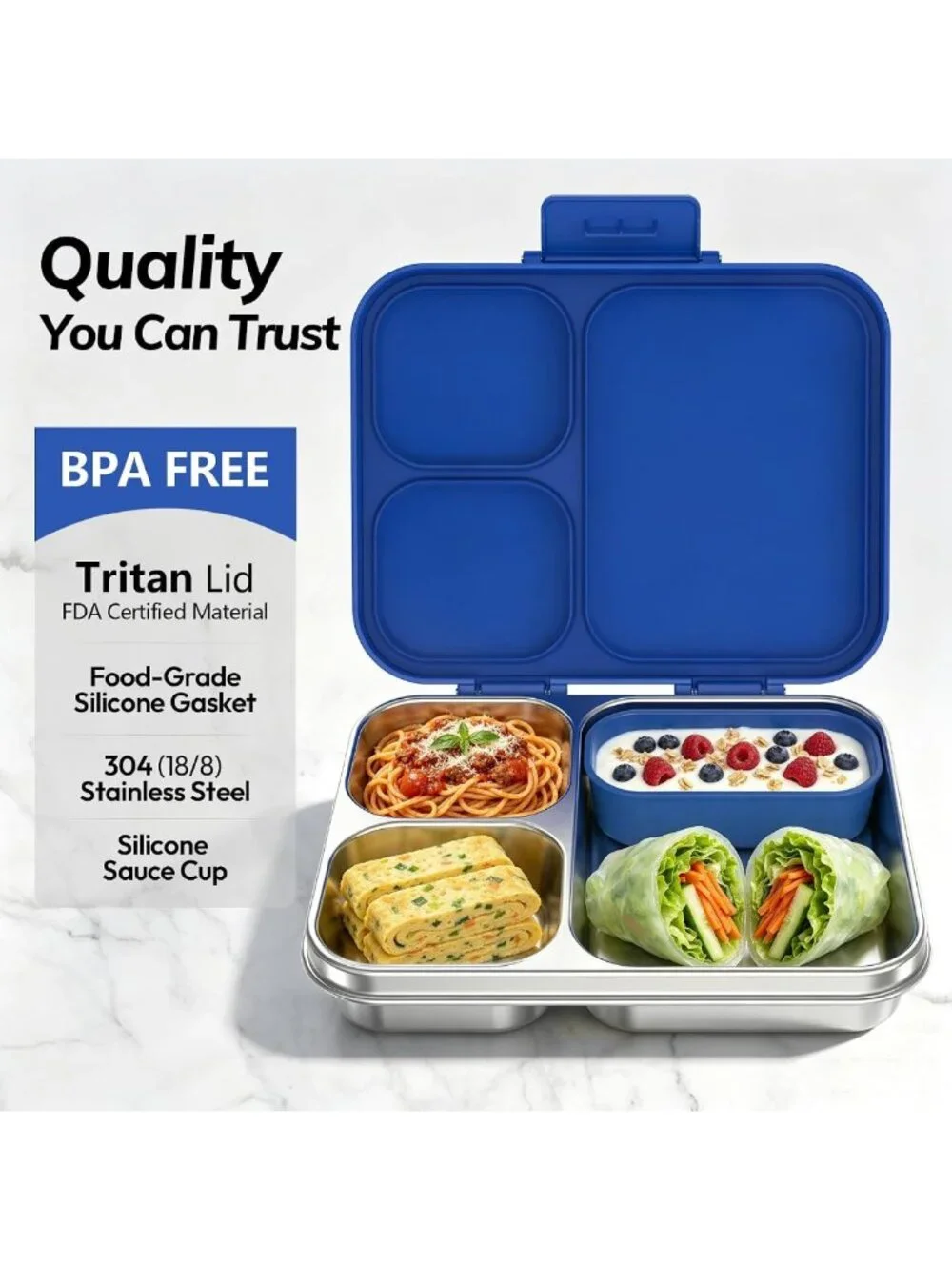 Leak-Proof Stainless Steel Bento Lunch Box, 3 Compartments, BPA-Free, 4.2 Cups